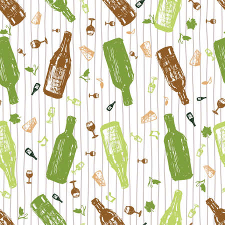 Vector white colourful celebration wine bottles sketch seamless pattern with vertical stripes. Perfect for fabric, wrapping paper and wallpaper projects.のイラスト素材
