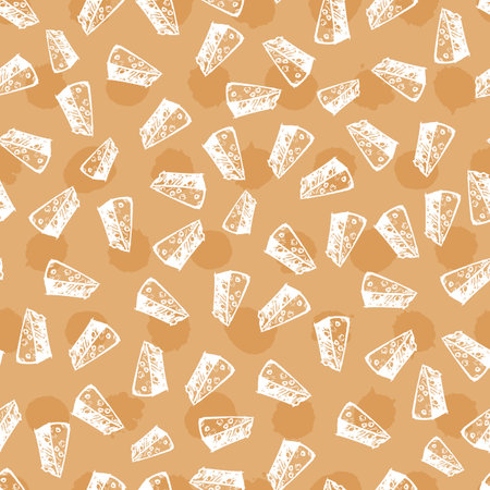 Vector beige parmesan cheese pen sketch scattered seamless pattern with polko dots background. Perfect for fabric, wrapping paper and wallpaper projects.のイラスト素材
