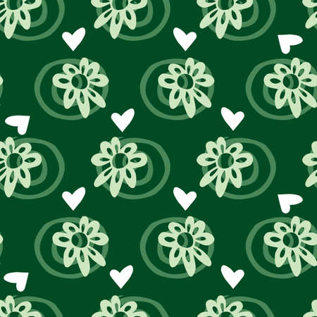 Vector simple rows of green cut out daisy flowers repeat pattern 06 with swirl background. Suitable for textile, gift wrap and wallpaper.のイラスト素材