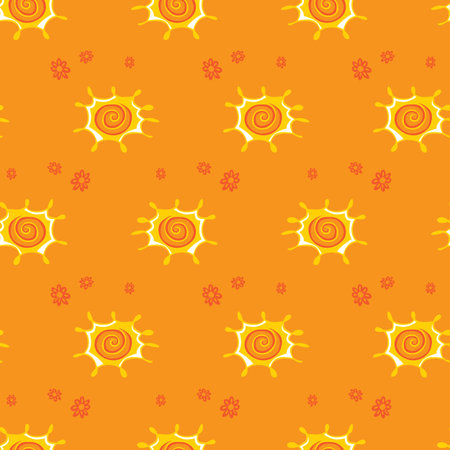 Vector sunny orange rows of cute sun doodle seamless background pattern. Suitable for textile, gift...