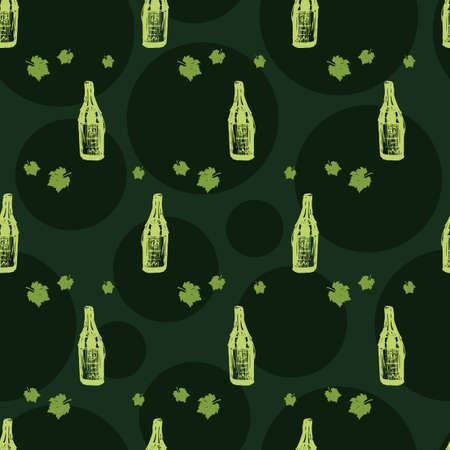 Vector dark green elegant champagne bottles sketch seamless pattern with circles background 08. Perfect for fabric, wrapping paper and wallpaper projects.のイラスト素材