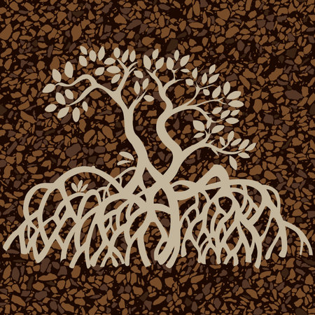 Vector brown of mangrove plants illustration which commonly grows on a tropical beach with terrazzo background. Perfect for posters and graphic design projects.のイラスト素材