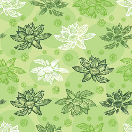Vector green rows of lotus flower and seed pods repeat pattern 04. Suitable for textile, gift wrap and wallpaper.のイラスト素材