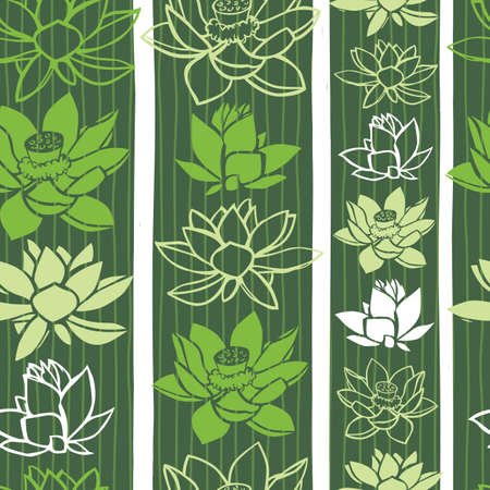Vector green vertical rows of lotus flowers stripes 05 repeat pattern. Suitable for textile, gift wrap and wallpaper.のイラスト素材