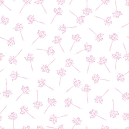 Vector white delicate seamless pattern with scattered lotus flower and stem 02. Suitable for textile, gift wrap and wallpaper.のイラスト素材