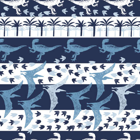 Vector blue dinosaur sketch stripes repeat pattern with flying dinos, foot prints and trees. Perfect for textile, giftwrap and wallpaper.のイラスト素材
