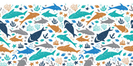 Vector white colourful cute shark pen sketch horizontal border pattern. Perfect for wall mural, posters or greeting cards.のイラスト素材