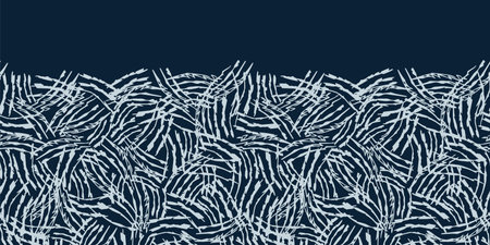 Vector blue mystery cat pen sketch animal scratch marks horizontal border pattern. Perfect for...