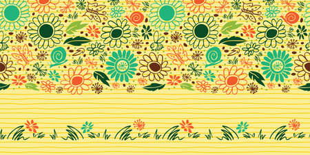 Vector doodle happy daisy yellow pen scribbles upper horizontal border pattern. Suitable for greeting cards.のイラスト素材