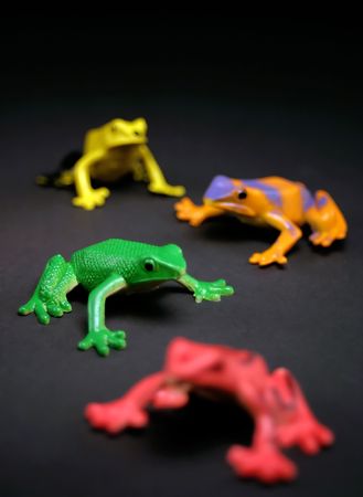 Toy frogs on a black background.  Selective depth of field makes the green frog stand out.の写真素材