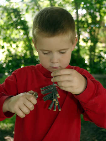 A little boy trying to light a bunch of firecrackers.の写真素材