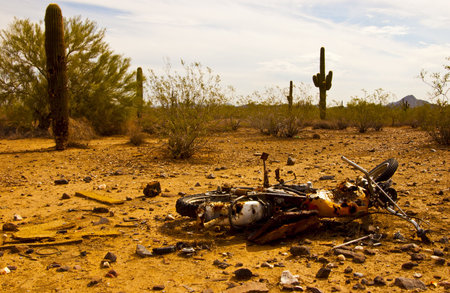 Broken down motorcycle in Arizona desertの写真素材