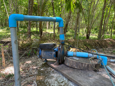 The close up of old water pump motor groundwater drainage system pumps water out of the ground. Solve the drought in Thailand.の写真素材