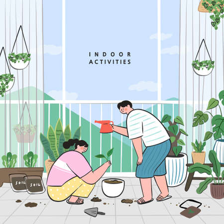 Concept of hobby ideas that can do at home.stay at home concept series. taking care of houseplants growing in pots or planters.のイラスト素材