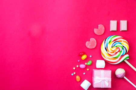 A lot of colorful candy  on colourful background, Valentines Day backgroundの写真素材