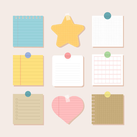 Scrapbook papers. Blank notepad pages vector illustration.Paper glued to wall with tape