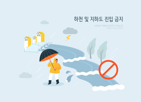 Disaster Preparedness Publicity Illustration. English Translation is Prohibition of entry to rivers and underpassesのイラスト素材