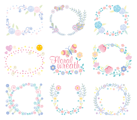 Hand drawn vector floral wreath illustration set.  beautiful floral round frames with summer flowersのイラスト素材