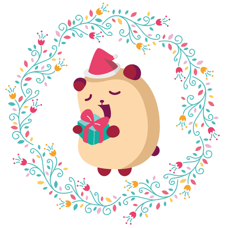 Hand drawn vector floral wreath, Cute bear cartoon, Happy New Year Card, illustrationのイラスト素材