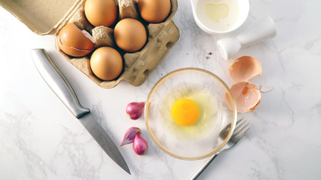 Fresh egg yoke in a bowl on top viewの写真素材