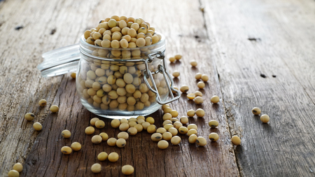 Soybeans in a opened glass jarの写真素材