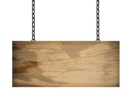 Wooden sign hanging on a chain isolated on whiteの写真素材