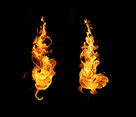Fire flames collection isolated on black backgroundの写真素材