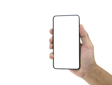 Hand holding smartphone isolated on white background