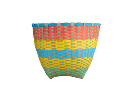 Woven colorful plastic basket isolated on white background.の写真素材