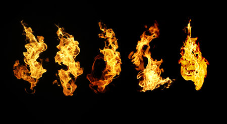 Fire flames collection isolated on black backgroundの写真素材