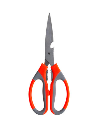 scissors with plastic handle isolated on white background.
