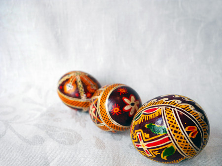 Painted Easter eggs close-up prepared for the celebration.の写真素材