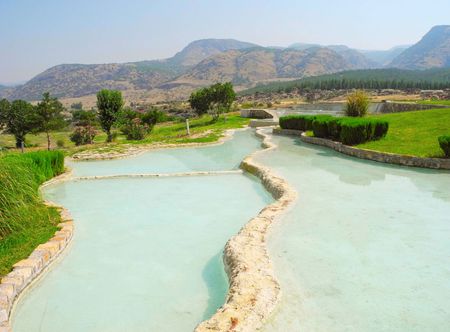 Summer landscape of beautiful Pamukkale travertines, Turkey.の写真素材