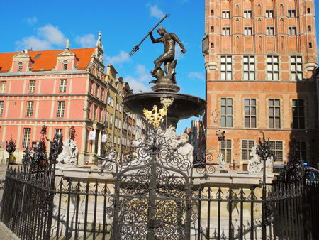 Gdansk, Poland - 8 May, 2015: Neptune's Fountain on an area of Long Market.