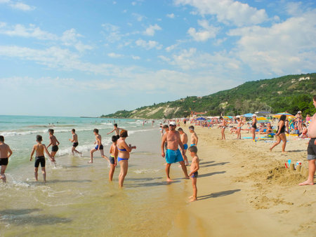 Kranevo, Bulgaria - July 9, 2017: Vacationers on the beach at summer season.のeditorial素材