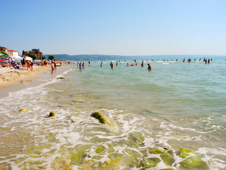 Kranevo, Bulgaria - July 9, 2017: Vacationers on the beach at summer season.のeditorial素材