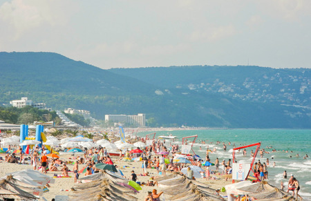 Kranevo, Bulgaria - July 9, 2017: Vacationers on the beach at summer season.のeditorial素材