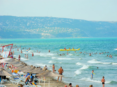 Kranevo, Bulgaria - July 9, 2017: Vacationers on the beach at summer season.のeditorial素材