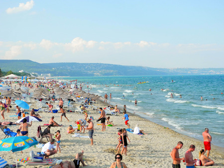 Kranevo, Bulgaria - July 9, 2017: Vacationers on the beach at summer season.のeditorial素材
