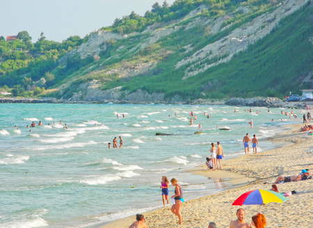 Kranevo, Bulgaria - July 9, 2017: Vacationers on the beach at summer season.のeditorial素材