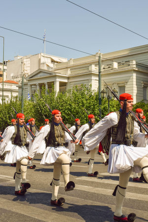 Athens, Greece - July 16, 2017: The procession of evzones moves towards the barracks after the...