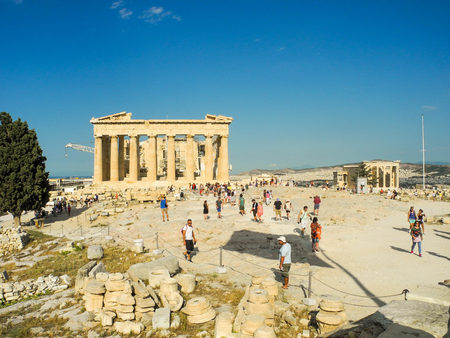 Athens, Greece - July 15, 2017: Tourists near the Monumental Entrance Propylaea.のeditorial素材
