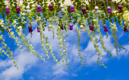 Easter decoration on the blue sky background.の写真素材