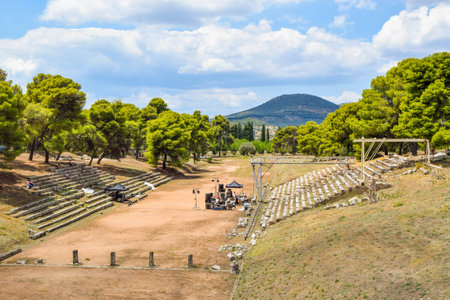 Ruins of the ancient Greek stadium Asklepion, Epidaurus, Greece.の写真素材