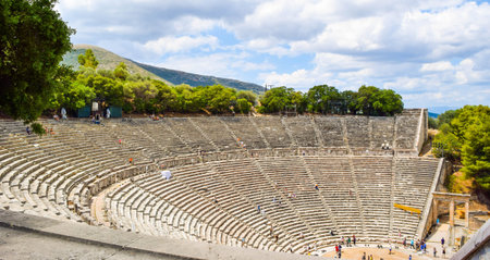 Epidaurus, Greece - July 18, 2017: Ancient Greek amphitheater Epidaurus, island of Peloponnese,...