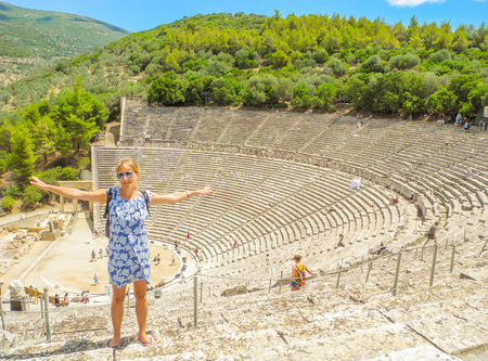 Epidaurus, Greece - July 18, 2017: Ancient Greek amphitheater Epidaurus, island of Peloponnese, Greece.のeditorial素材