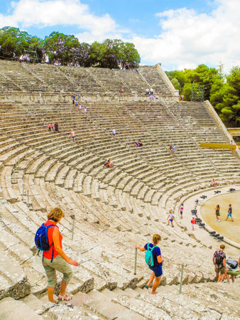 Epidaurus, Greece - July 18, 2017: Ancient Greek amphitheater Epidaurus, island of Peloponnese,...