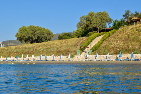 Agio Sostis, Greece - July 22, 2017: Landscape of sandy Koukla beach, island Zakynthos, Greece.のeditorial素材