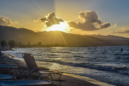 Evening sun's rays on the Alikanas beach, Zakynthos Island, Greece.の写真素材