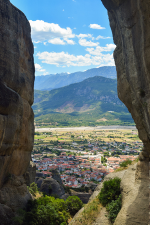 Rocks Meteor and the general architecture of the town of Kalambaka, Greece.の写真素材